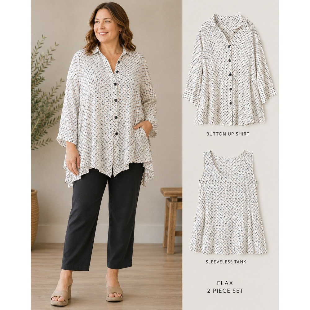 FLAX 2 Piece Shirt & Tank Set Women Large Cream Dot Linen Lagenlook Coastal Art